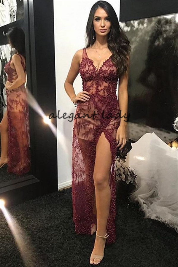 Burgundy Lace Applique Prom Formal Dresses with Detachable Train 2019 V-neck Sexy Slit Pearls Beaded Abiye Elbise Evening gowns wear