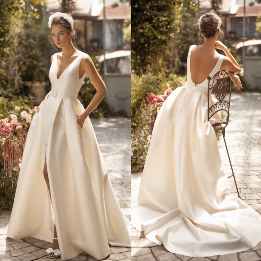 Lihi Hod Ivory Beach Backless Wedding Dresses Deep V Neck Side Split Bridal Gowns A Line Sweep Train Satin Robe De Marie