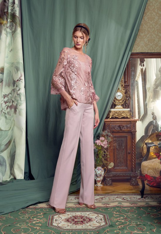 Elegant Pink Pantsuits Mother Of The Bride Dresses Jewel Neck Long Sleeves Lace Prom Dress Chiffon Pants Formal Wedding Guest Gowns Cheap