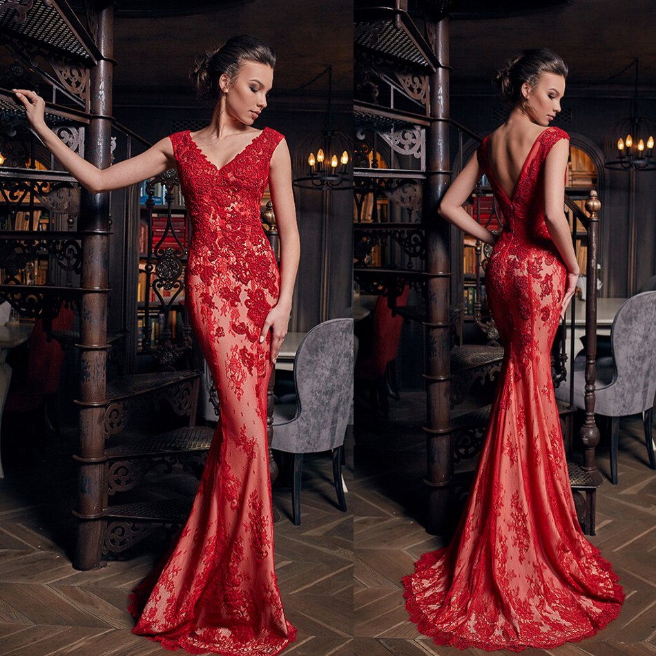 Sexy Mermaid Mukha Prom Dresse V Neck Sleeveless Applique Red Party Dress Sweep Train robes de soirée