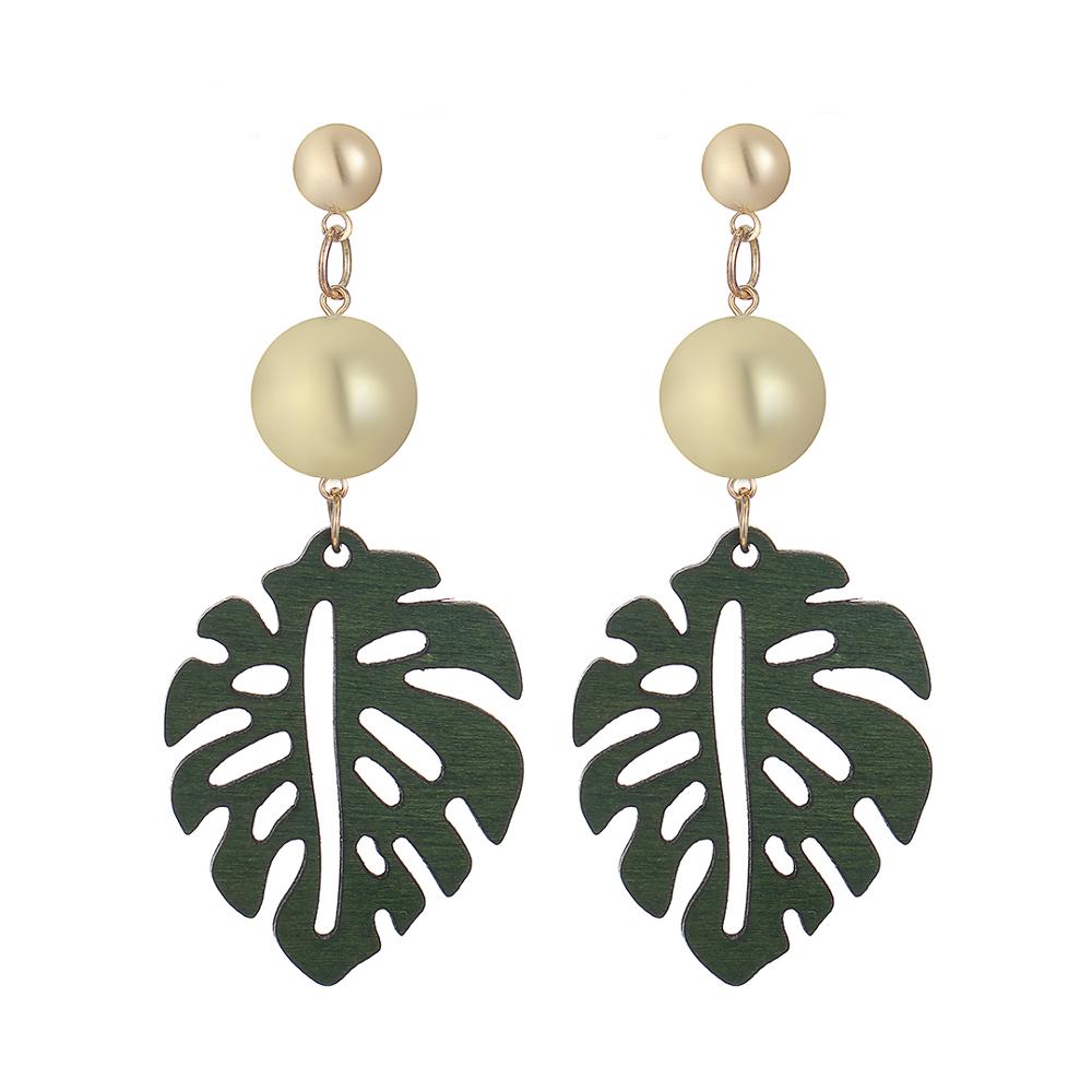 Stud Golden Beads Pom Long Stud Earrings Ethnic Brown Hollow Natural Wooden Leaf Pattern