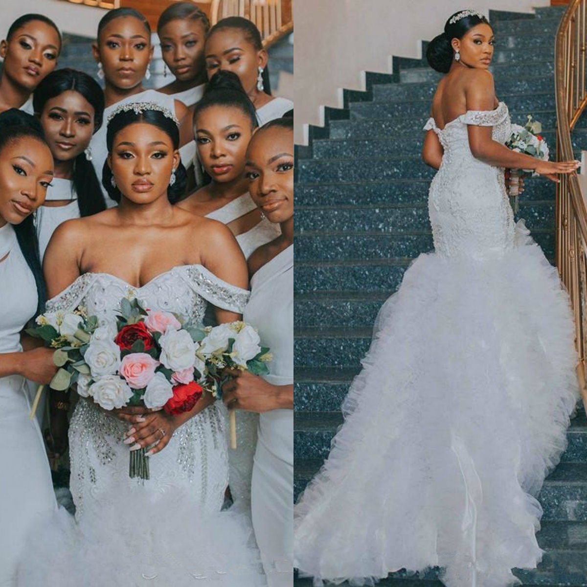 2020 Crystal Mermaid Wedding Dresses Plus Size Lace Beaded Off Shoulder Bridal Gowns with Ruffles Sweep Train Robes De Mariée