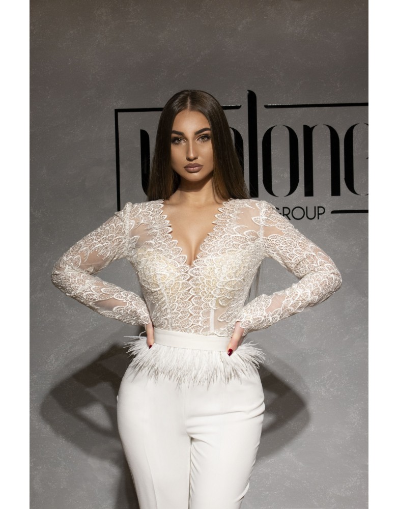 2020 White Evening Dress Jumpsuits V Neck Appliqued Feather Long Sleeves Prom Dress Satin Pants Floor Length Formal Party Pants Suit