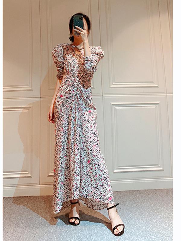 Women' Retro Pleated Waist Design Midi Dress V-neck Puff Sleeve Asymmetry Flower Printing Dresses, As show picture
Women' Retro Pleated Waist Design Midi Dress V-neck Puff Sleeve Asymmetry Flower Printing Dresses, As show picture