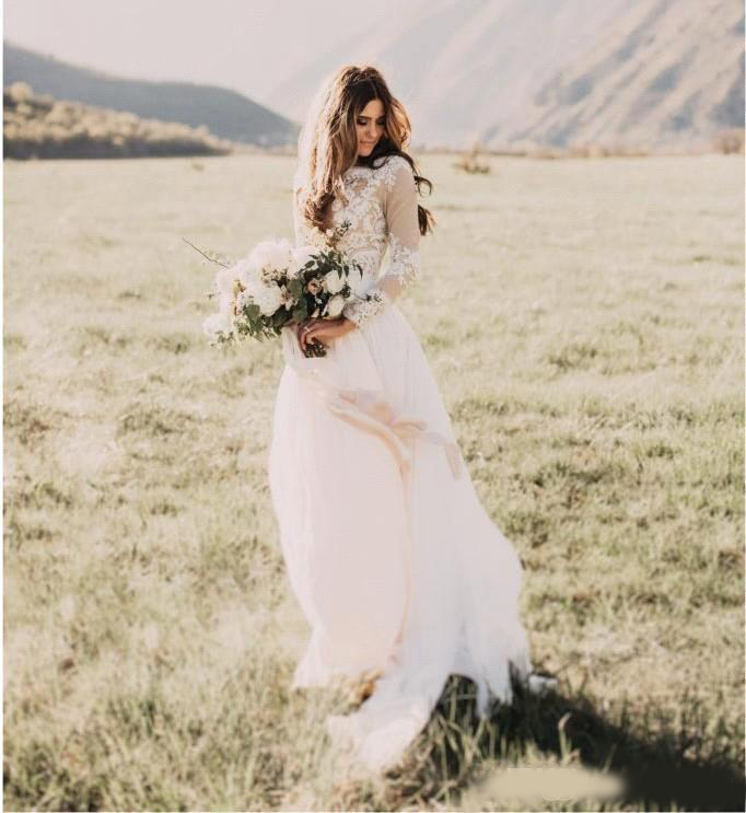 Cheap 2020 Simple Bohemian Beach Wedding Dresses Country Long Sleeves Floor Length Summer Boho Hippie Western Bridal Gowns Wedding Dresses