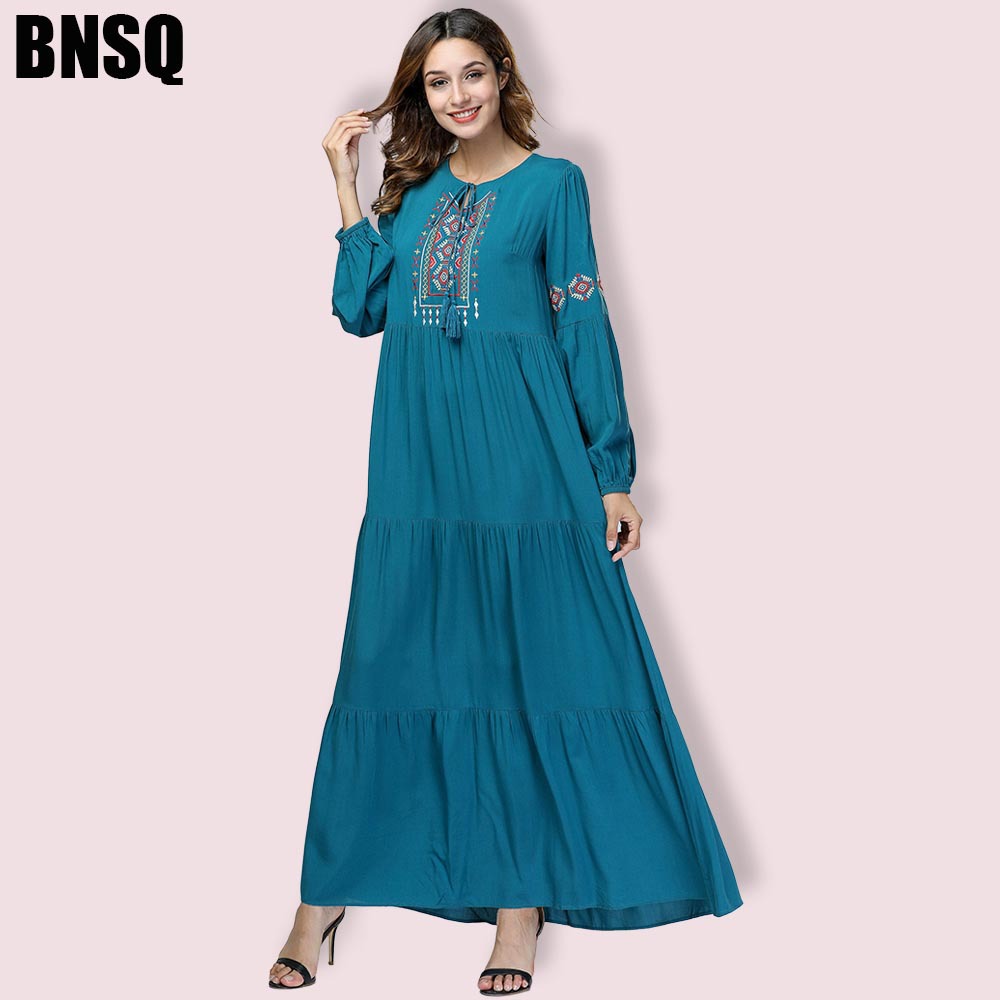 2019 fashionable simple embroidered gown long dress muslim loose temperament long skirt