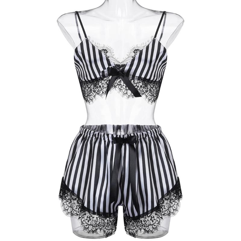 Sexy lingerie Pajamas for Women Lace Pajamas Set V-neck Bow Striped Pajama Summer Sleepwear Sexy Top And Shorts Underwear Z0519, Black 
Sexy lingerie Pajamas for Women Lace Pajamas Set V-neck Bow Striped Pajama Summer Sleepwear Sexy Top And Shorts Underwear Z0519, Black