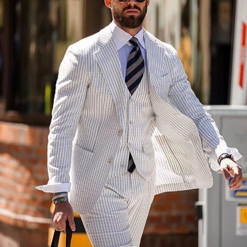 Fashion White Stripe Groom Wear Two Button Peaked Lapel Mens Business Formal Prom Tuxedos Best Man Blazer Suit 3 Pieces (Jacket+Vest+Pants)