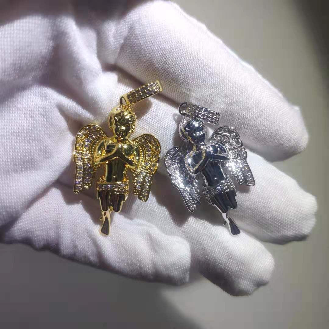 Hip Hop Prayer Angel Pendant Necklace Shining Full Diamond Stone Stainless Steel Bling Charm Pendants Jewelry
