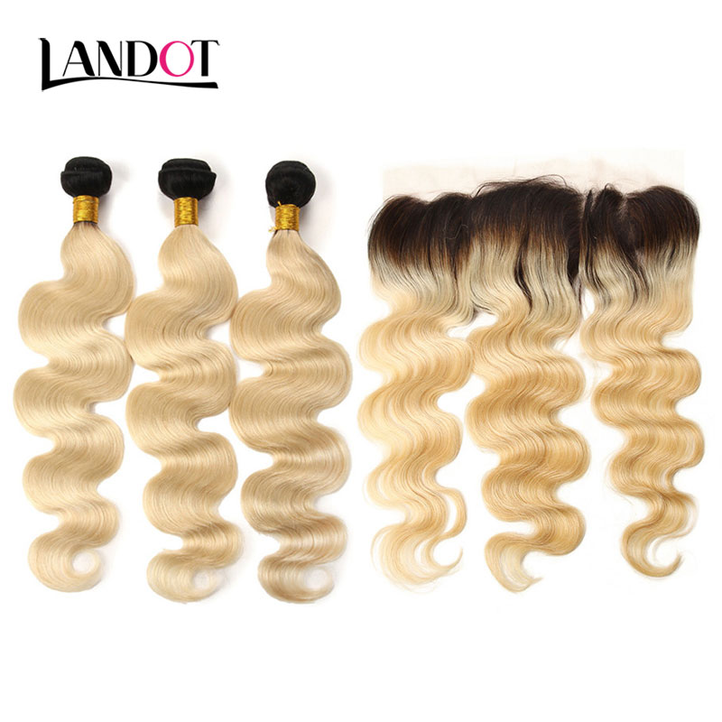 Ombre 1B/613 Bleach Blonde Lace Frontal Closure 13x4 Size Brazilian Peruvian Malaysian Indian Russian Virgin Human Hair Closures Body Wave