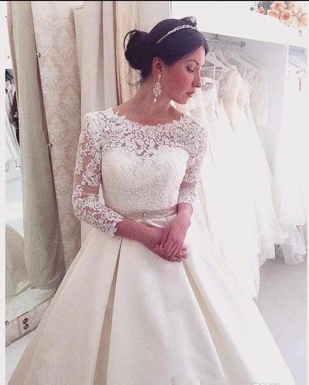 2019 3/4 Sleeves Lace Wedding Dresses Backless Satin A Line beading sash stain Wedding Gowns Bridal gowns robe de mariage court train