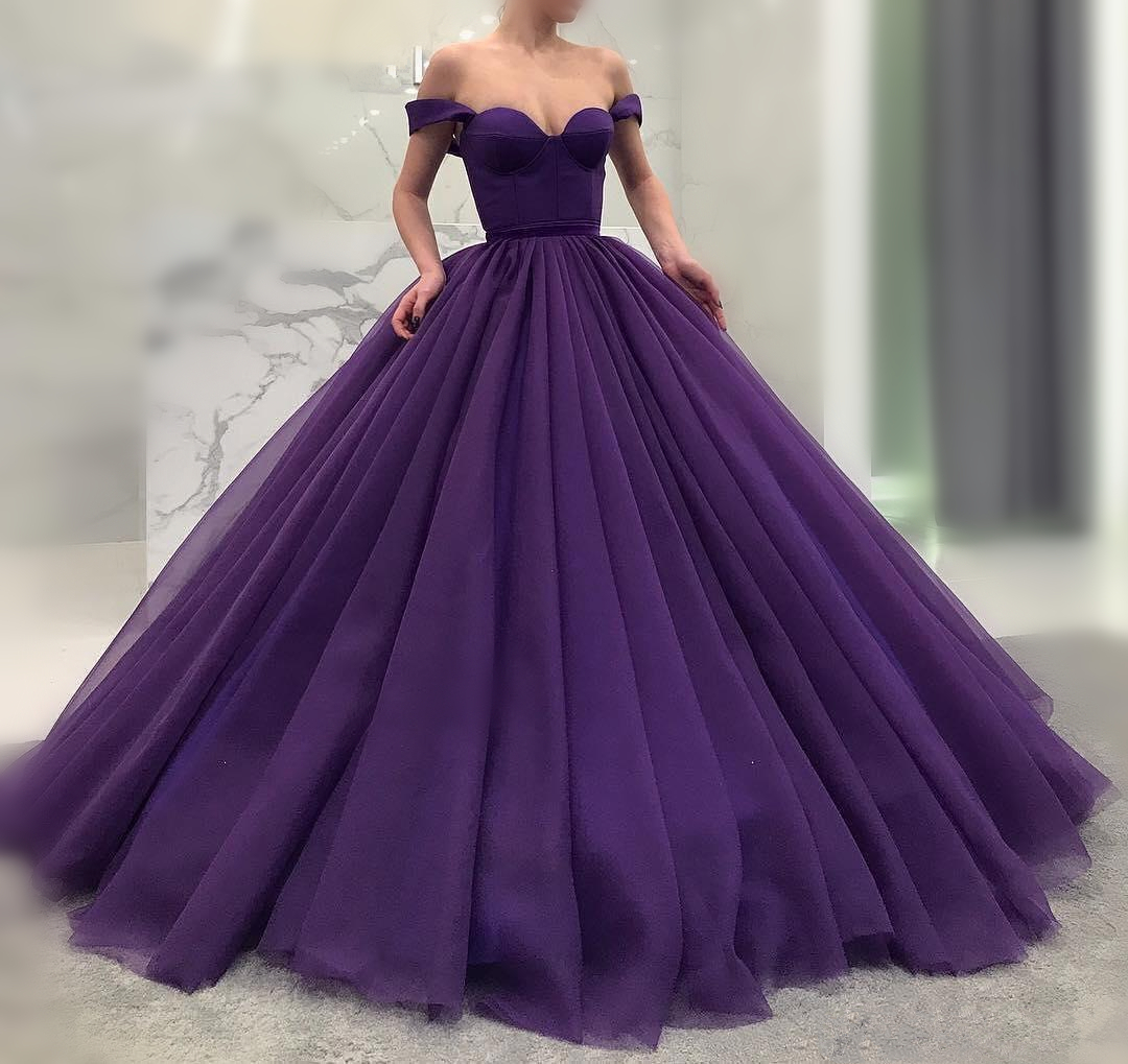 2020 Purple Fluffy Long Quinceanera Dresses Sexy Off Shoulder Sweetheart Ball Gown Tulle Prom Dress Dubai Celebrity Party Dress QC1489