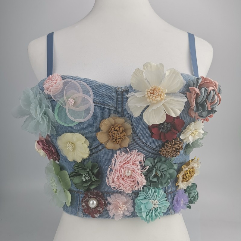 Women Blue Denim Multicolor Floral Embroidery Bralette with Colorful Three-Dimensional Cups and Flowers Appliques Fashion Crop Top Tube Top