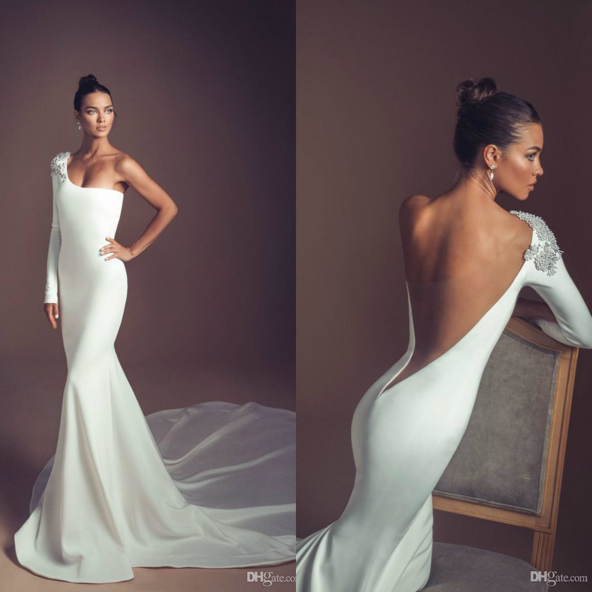 Elihav Sasson 2020 Mermaid Wedding Dresses One Shoulder Long Sleeves Satin Bridal Gowns Crystal Backless Sweep Train Wedding Dress Cheap