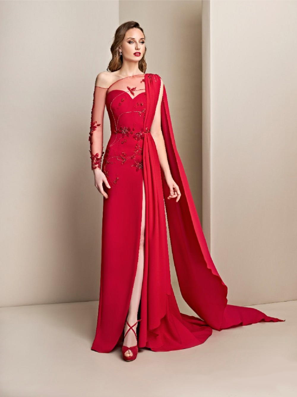 2020 Red Evening Dresses With Wrap One Shoulder Satin High Split Sweep Train Mermaid Prom Dress Party Wear Custom Made Robes De Soirée