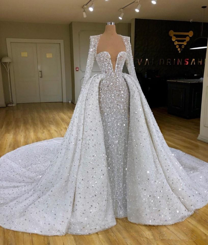 sweetheart plus size mermaid wedding dresses with detachable train sequin crystal beaded appliqued long sleeve bridal gowns
