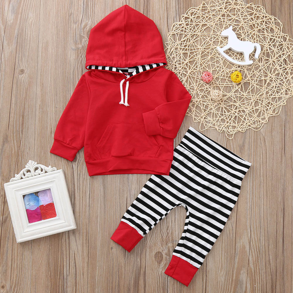 2PCS Baby Girls clothes Toddler Baby Long Sleeve Stripe Print Hooded Top Clothes+Pants Set Outfit roupa infantil costume
