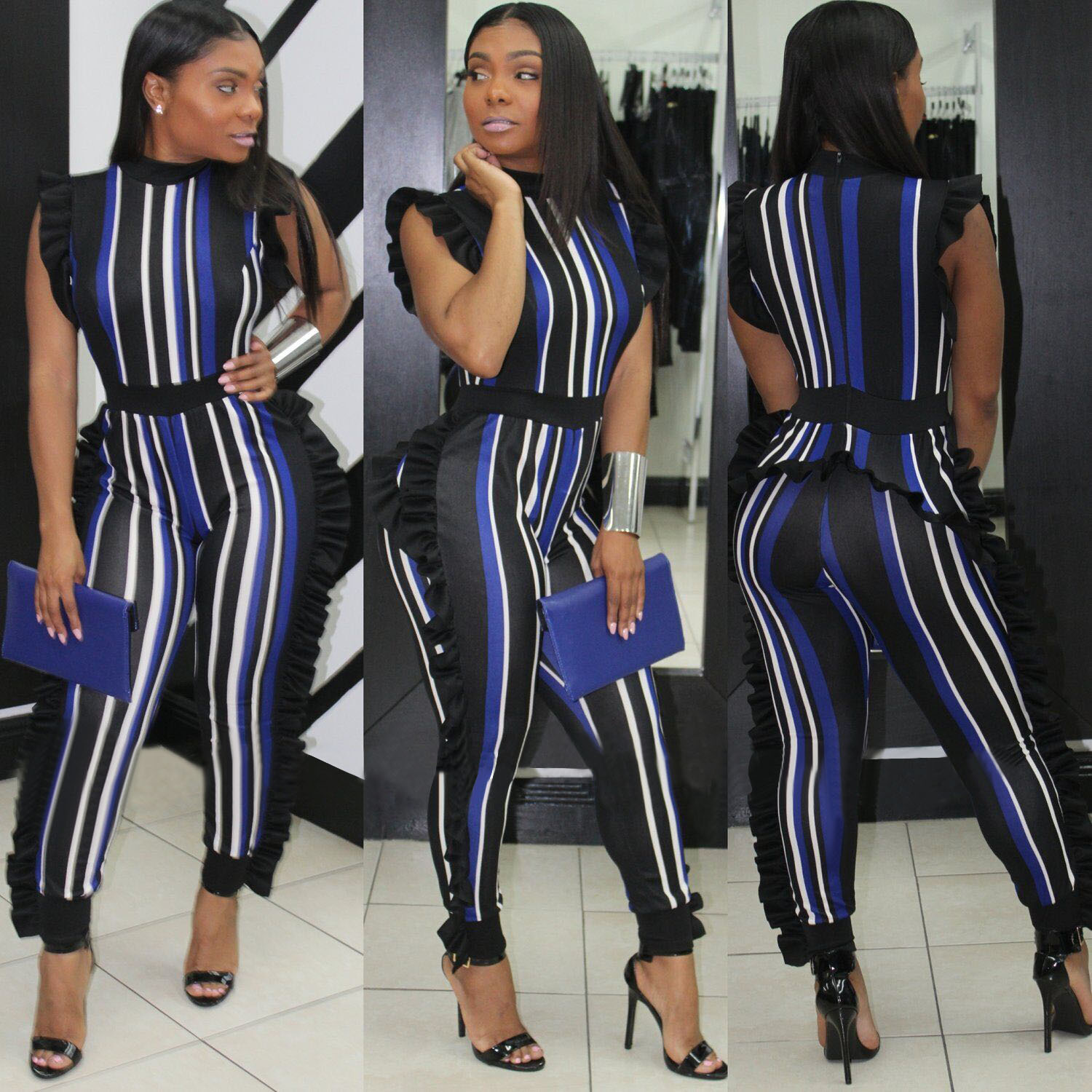 Jumpsuits fashion trend classic striped wooden ear trim Slim collar casual street jumpsuit support mixed batch
