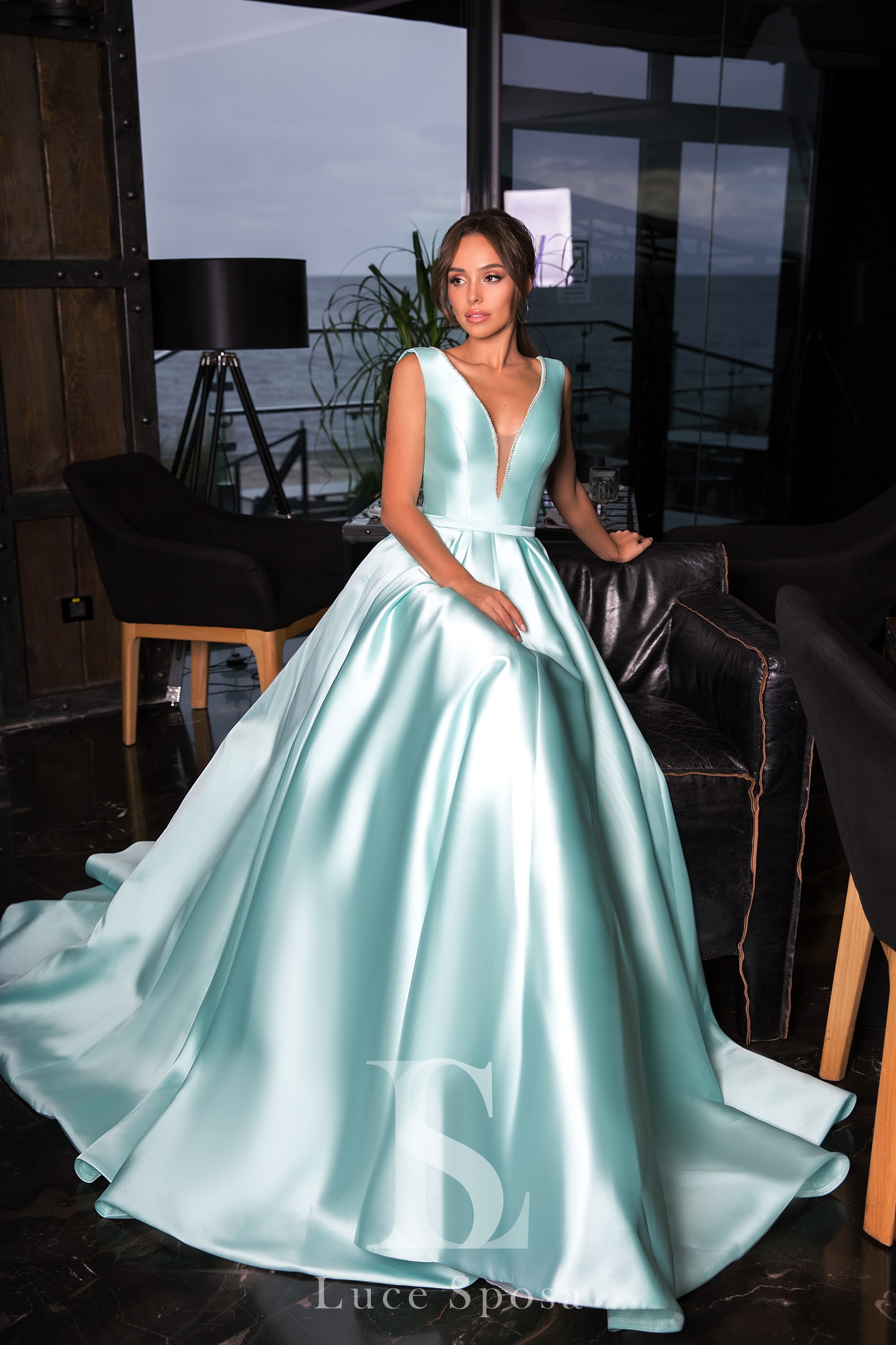 sky blue evening dresses v neck sleeveless beaded satin prom gown backless ruffle sweep train custom made formal party gown
