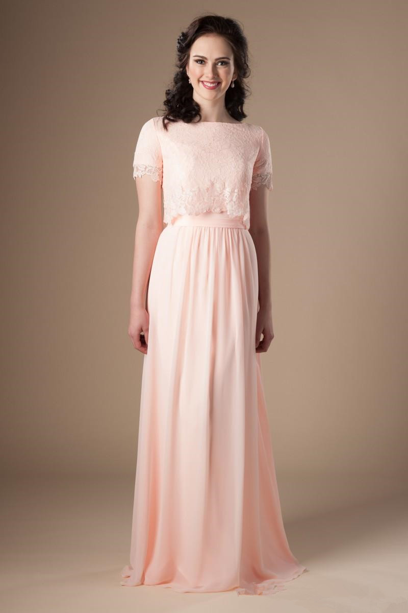 Sky Blue Long Modest Bridesmaid Dresses With Short Sleeves Lace Top A-Line Formal Boho Rustic Religious Wedding Party Dress Z43 0510