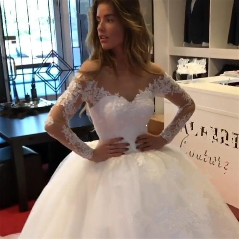 2020 lace Latest Fashion Wedding Dresses A Line Princess Brides gown Ceremony Church tulle Sheer Neck wedding Gowns