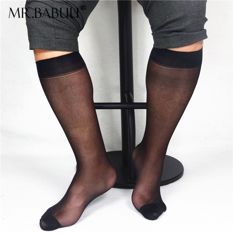 Men Business Soft Sheer Socks Contrast Toe Light Weight Formal Dress Suit Knee Length Long Socks Mesh Nylon Silk Socks
