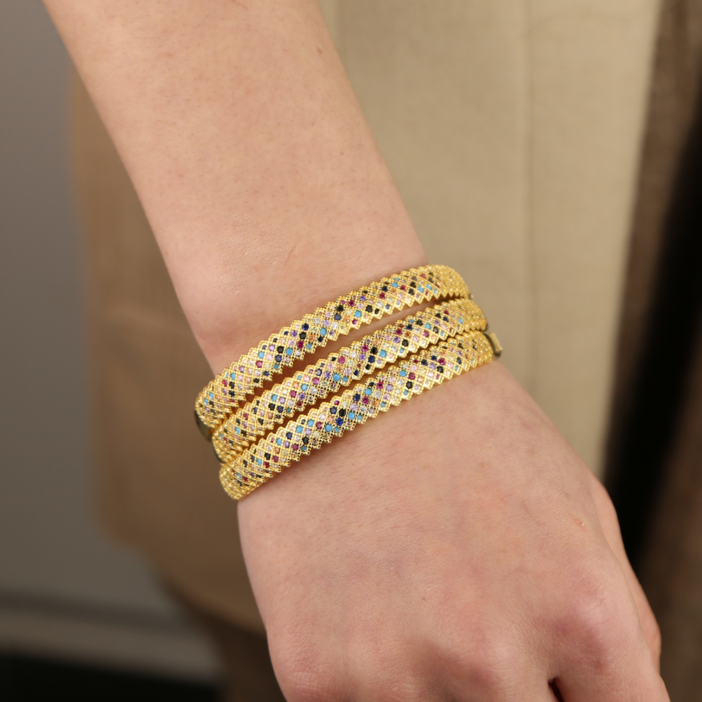 Behomia boho luxury wide band gold plated bangle micro pave colorful cubic zirconia cz gorgeous bracelet