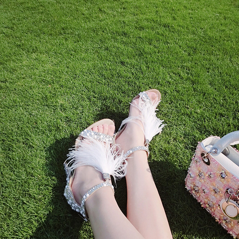 Sexy Feather Women Shoes Rhinestone Sandals High Heels Banquet Wedding Fashion Crystals Bridal Shoes With Zipper Party Stilet