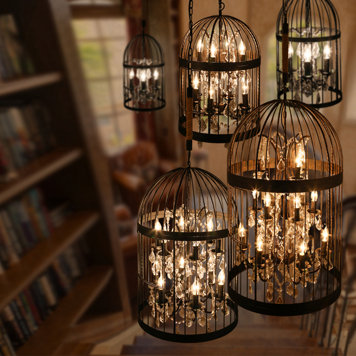 Loft Vintage American Rural creative chandelier clothing store restaurant iron pendant light crystal decorate birdcage pendant lamp