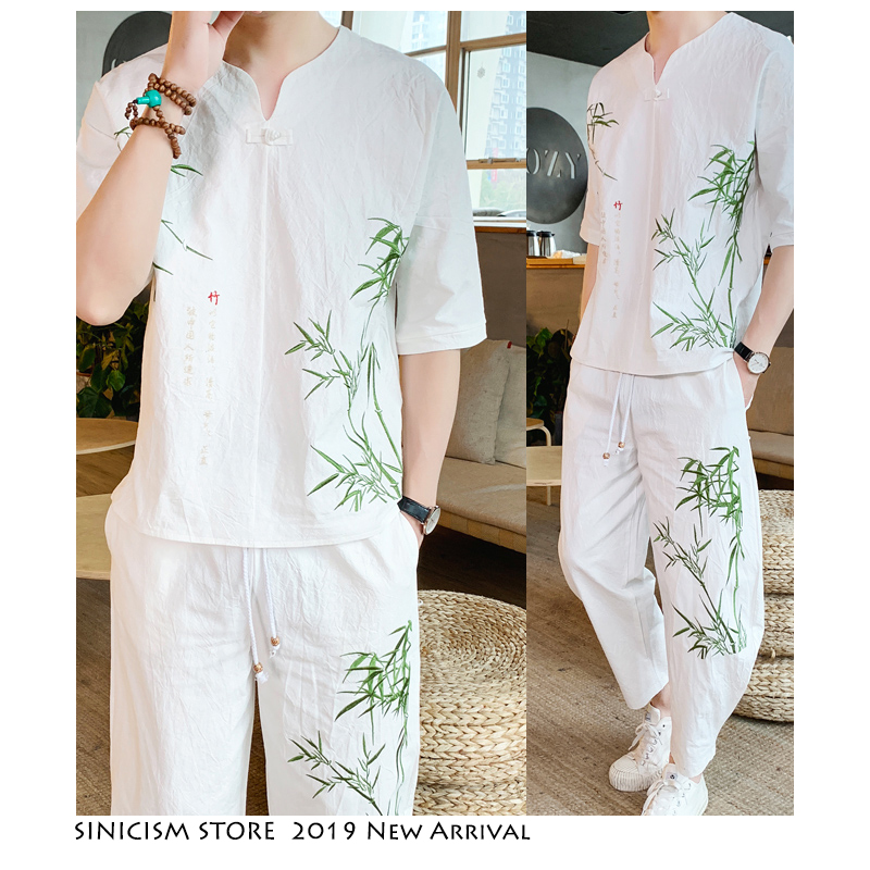 Sinicism Store Bamboo Embroidery Tracksuit Men 2019 Mens Summer Linen Sweatsuits Male Streetwear Chinese Vintage 2 Piece Sets