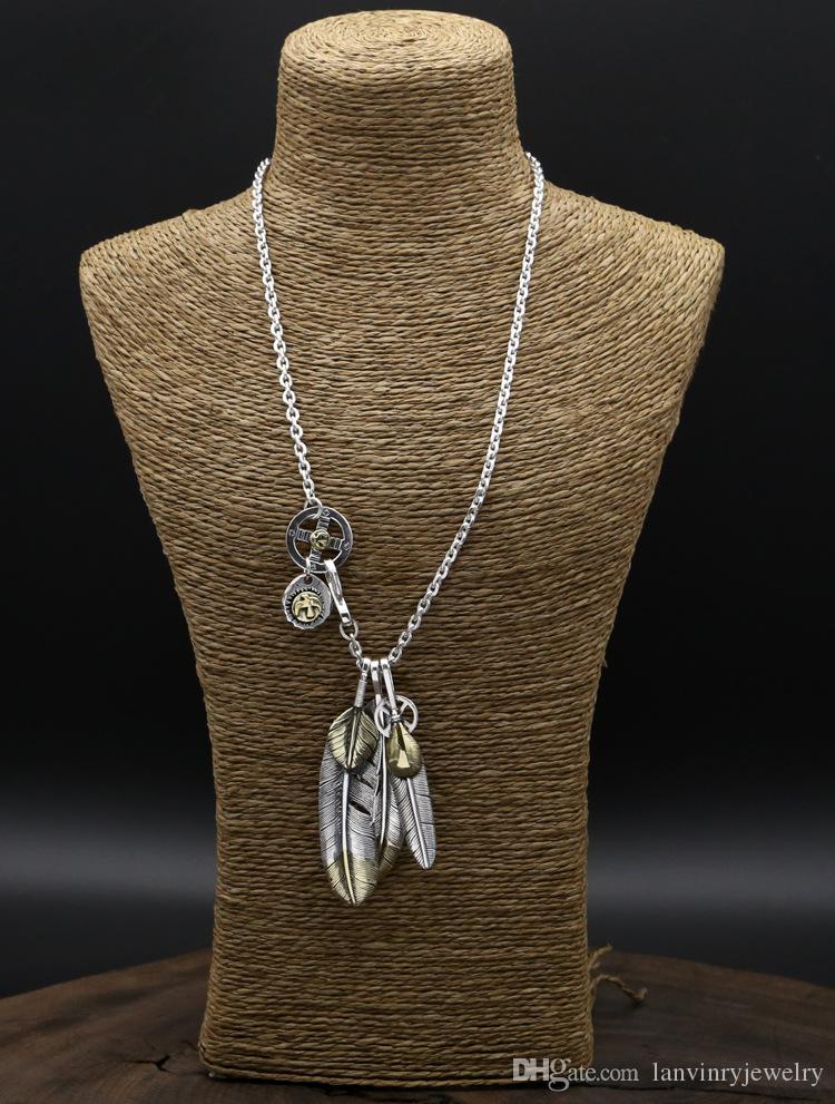 Brand new 925 sterling silver vintage jewelry antique silver hand-made designer eagle sign and feather pendant punk necklace for men women