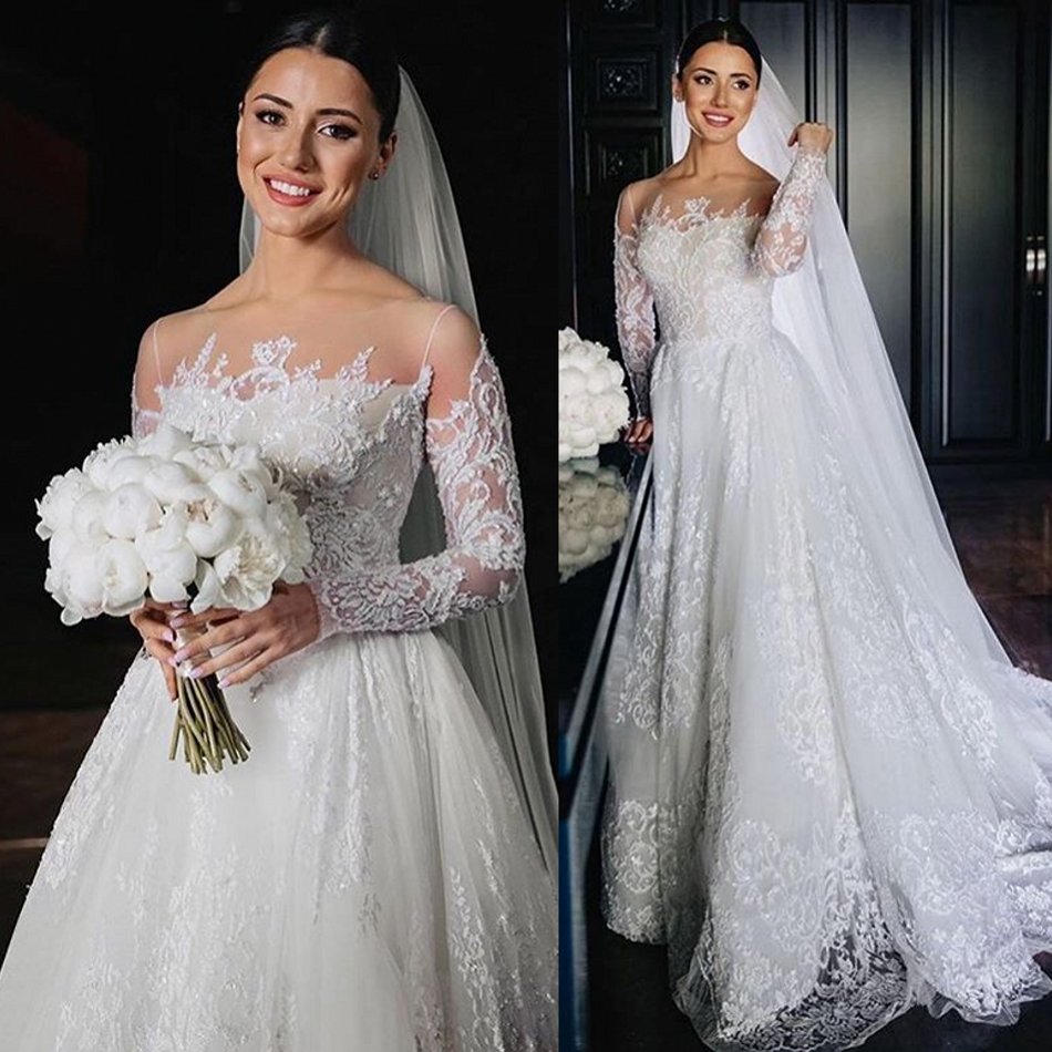 Elegant White Lace Bridal Dresses Sheer Jewel Neck Long Sleeve Wedding Gowns A Line Sweep Train robes de soirée