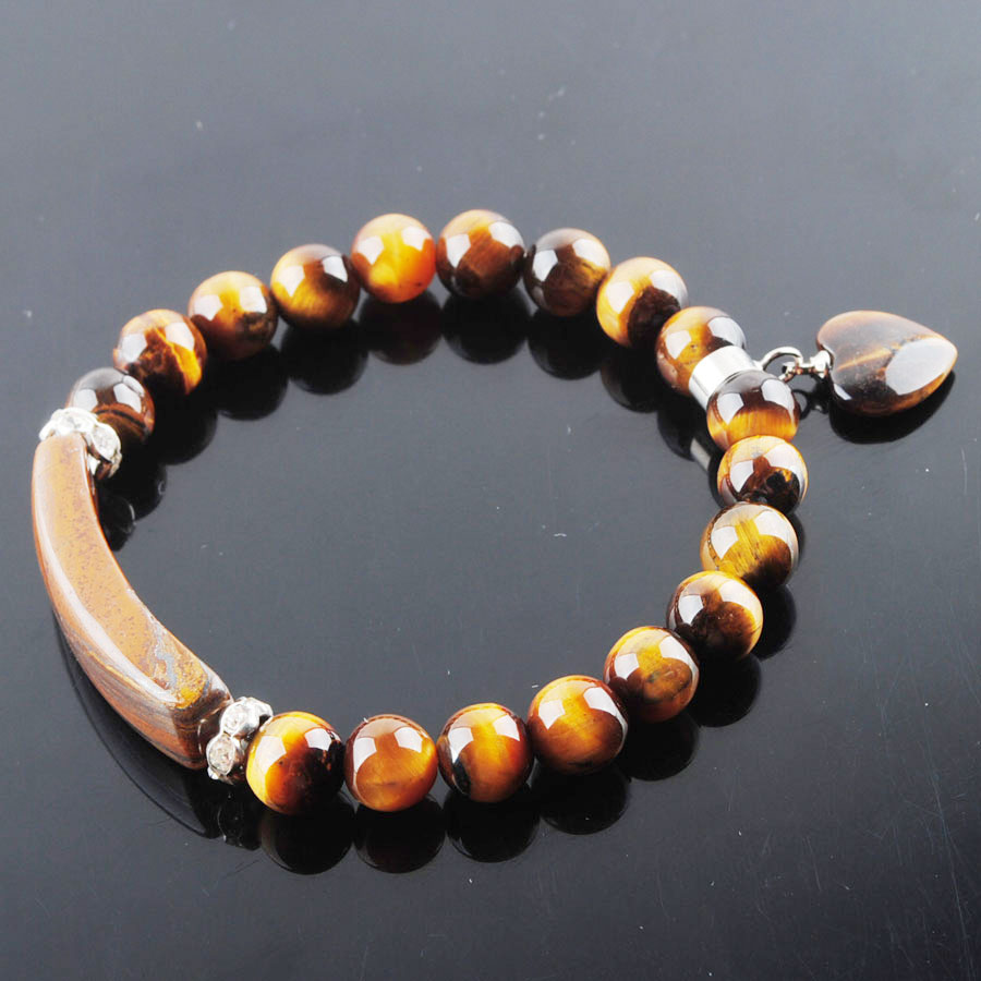WOJIAER Natural Stone Beads Tiger Eye Strand Bracelets & Bangles Heart Shape Silver-color Fitting Women Jewelry Love Gifts K3313