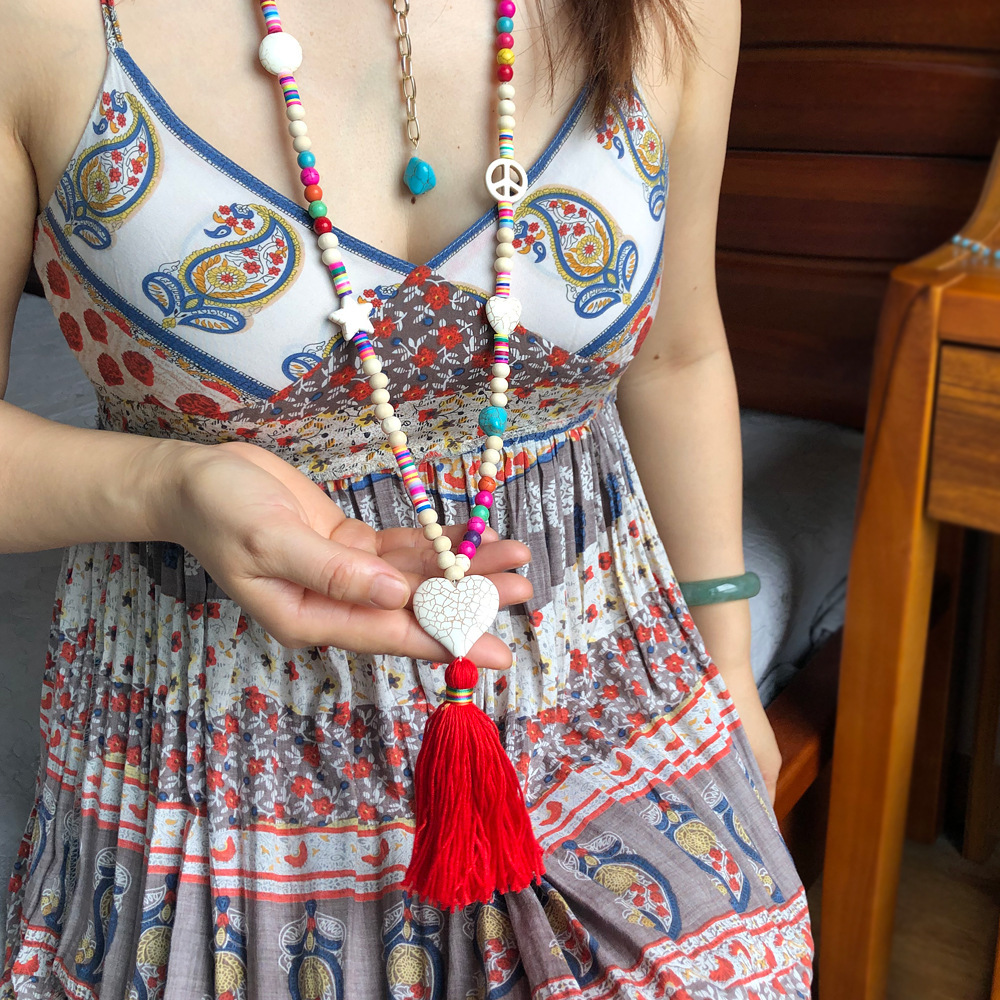 Bohemian style love turquoise tassel necklace five-pointed star peace symbol sweater chain, Mixed colors
Bohemian style love turquoise tassel necklace five-pointed star peace symbol sweater chain, Mixed colors