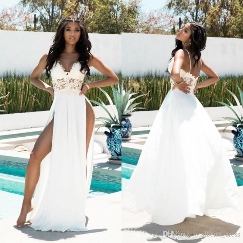 Sexy High Side Split Chiffon Wedding Bridal Gowns Bohemian Cheap Simple Lace Applique Spaghetti Beach A Line Wedding Dresses, White
Sexy High Side Split Chiffon Wedding Bridal Gowns Bohemian Cheap Simple Lace Applique Spaghetti Beach A Line Wedding Dresses, White