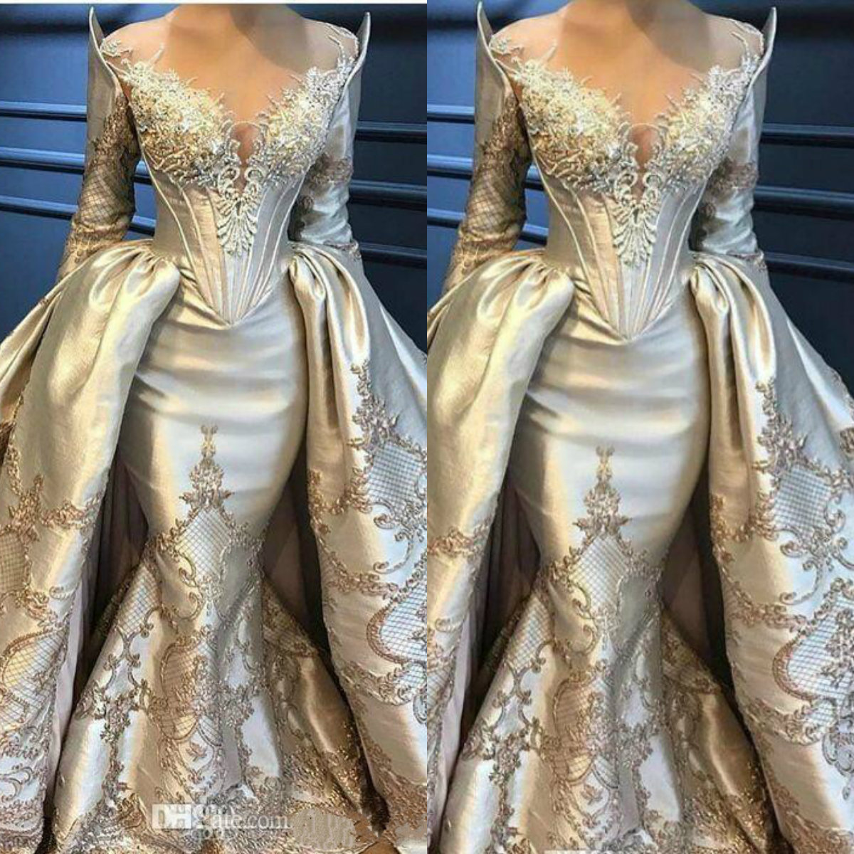 Stunning Evening Dress With Detachable Train Sheer Jewel Neck Long Sleeves Appliqued Beaded Sequins Formal Party Gown Custom Made Prom Dress
