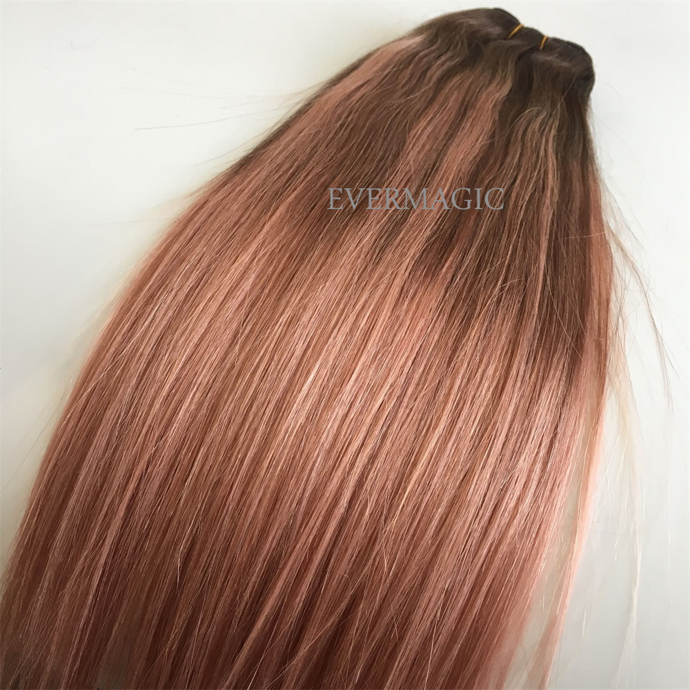 Remy Human Hair Double Weft Hair Extensions Balayage Ombre Color #3 Dark Brown Fading to Rose gold Ombre Color Extensions