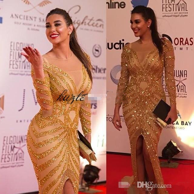 shining gold sequins beaded prom dresses yousef aljasmi mermaid front split long sleeve formal evening wear occasion party dresses