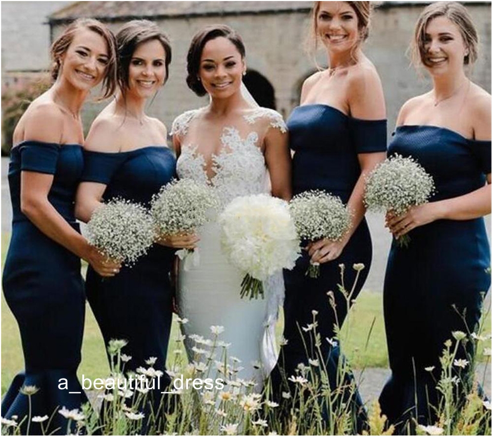 Black Ankle Length Mermaid Bridesmaid Dresses Off Shoulder Cap Sleeve bohemian country Wedding Guest Skirt Satin Prom Gown