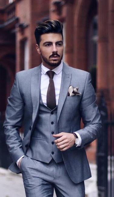 Grey Business Men Suits for Wedding Lapel Gentle Groom Wear Slim Fit Groomsmen Wedding Tuxedos 3 Piece (Jacket Pants Vest)Best Man Blazer