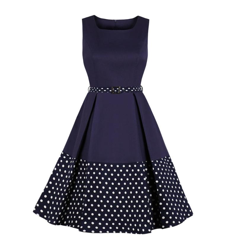 

New Arrivals Round Neck Polka Dot Patchwork Belts Women Retro Dress High Waist Sleeveless Summer Vintage Dress Vestidos, Cadetblue