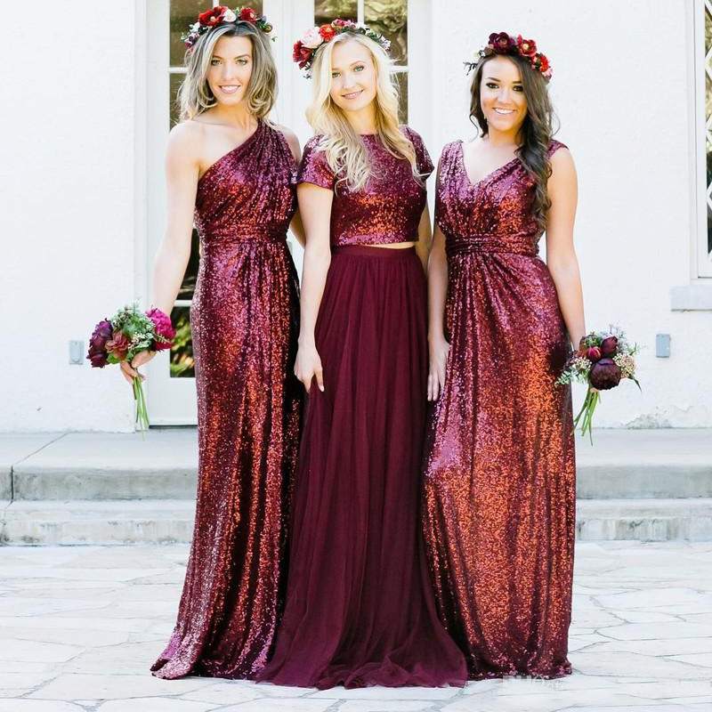 Burgundy Sequins Bridesmaid Dresses Country Mixed Custom Made Wedding Party Guest Gown Two Pieces Junior Maid of Honor Dress Cheap