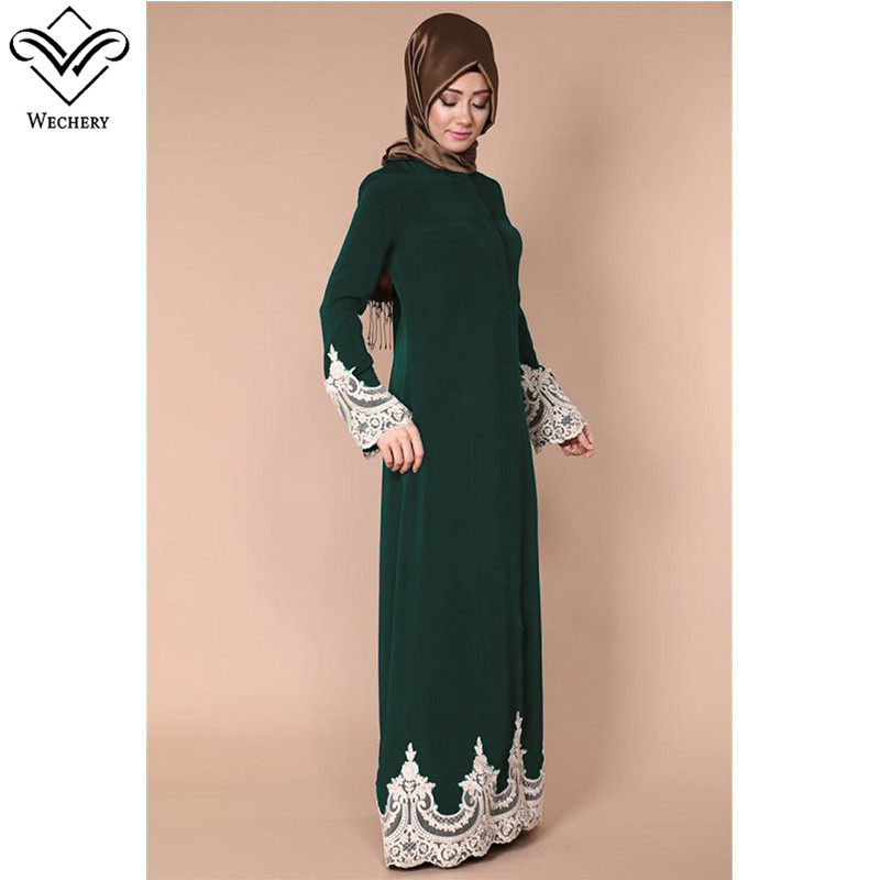 Wholesale-Wechery Lace Muslim Dress Floral Abayas for Women Elegant Long Soft Turkish Islamic Robes Women's Clothing Prayer Garments