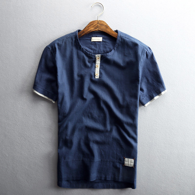 Schinteon Men Casual Cotton Linen Shirt Pullover Summer Thin Short Sleeve ONeck Collar Comfortable New Chinese Style