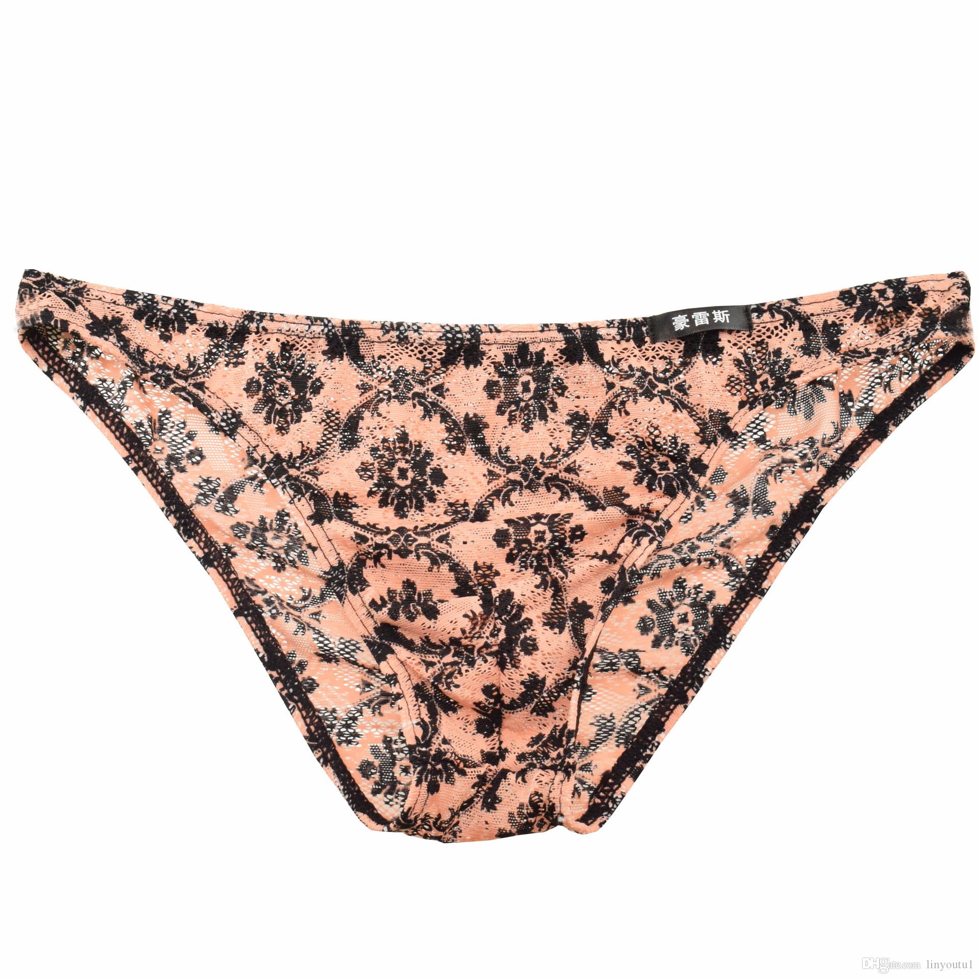 2020 Colorful Sexy Mens Sheer Lace Underwear Underpants Thong Men's Gay Briefs Flower Pattern Panties for Lingerie Man