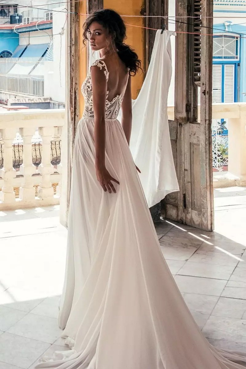deep v neck sexy boho wedding dresses beach bridal gowns thigh high slits lace applique backless robes de marie