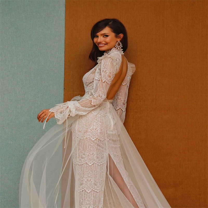 Sexy High-slit Backless Overskirt Mermaid Wedding Dresses Applique Lace Bow Beach Bridal Gown High-neck Long Sleeve Sweep Train Bridal Dress