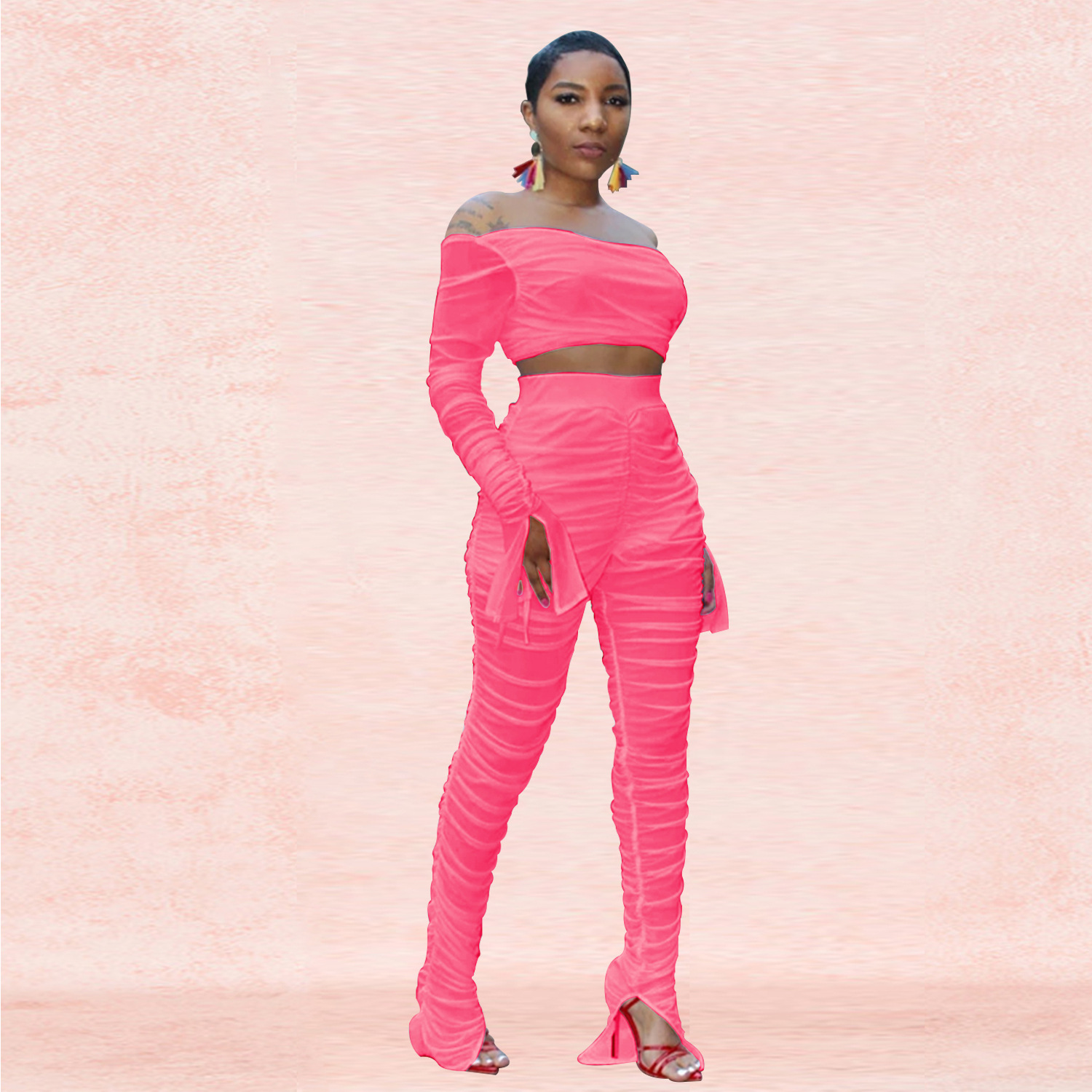 Spot Pants European and American trend solid color casual tube top sexy mesh perspective trousers suit