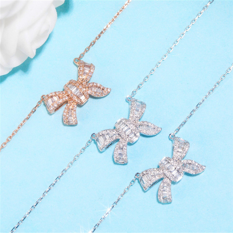 Vecalon Elegant Bowknot pendant Real 925 Sterling silver 5A zircon Wedding Pendants with necklace for Women Party Jewelry