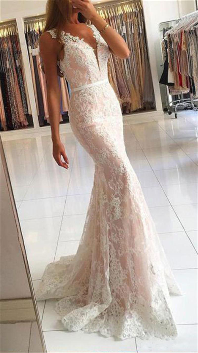 Deep-V Neck Appliques Lace Pink Mermaid Prom Dresses Illusion Covered Back Evening Dresses Party Wear